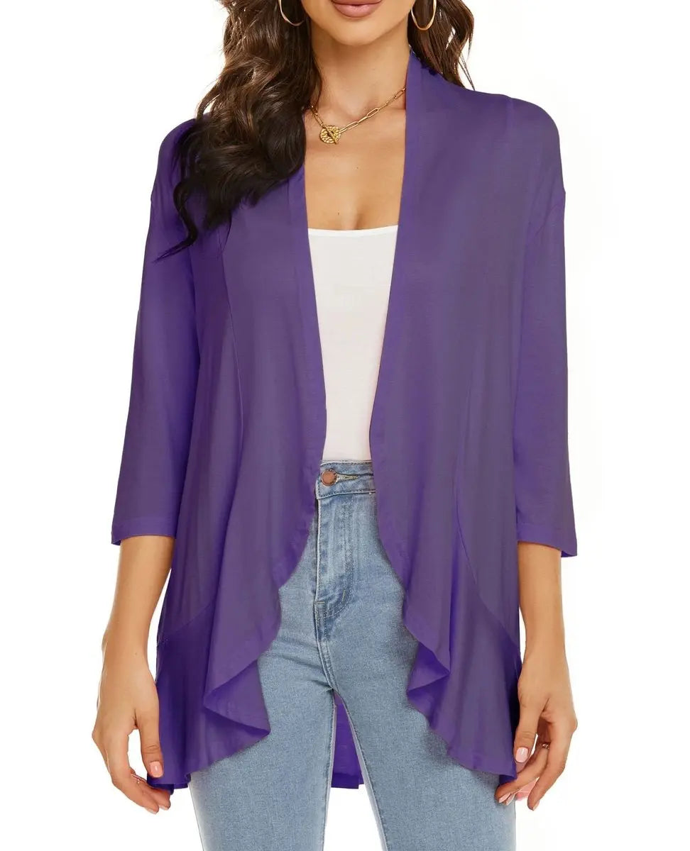 Women's Cardigan Lightweight Open Front 3/4 Sleeve Draped Cardigan - Purple
