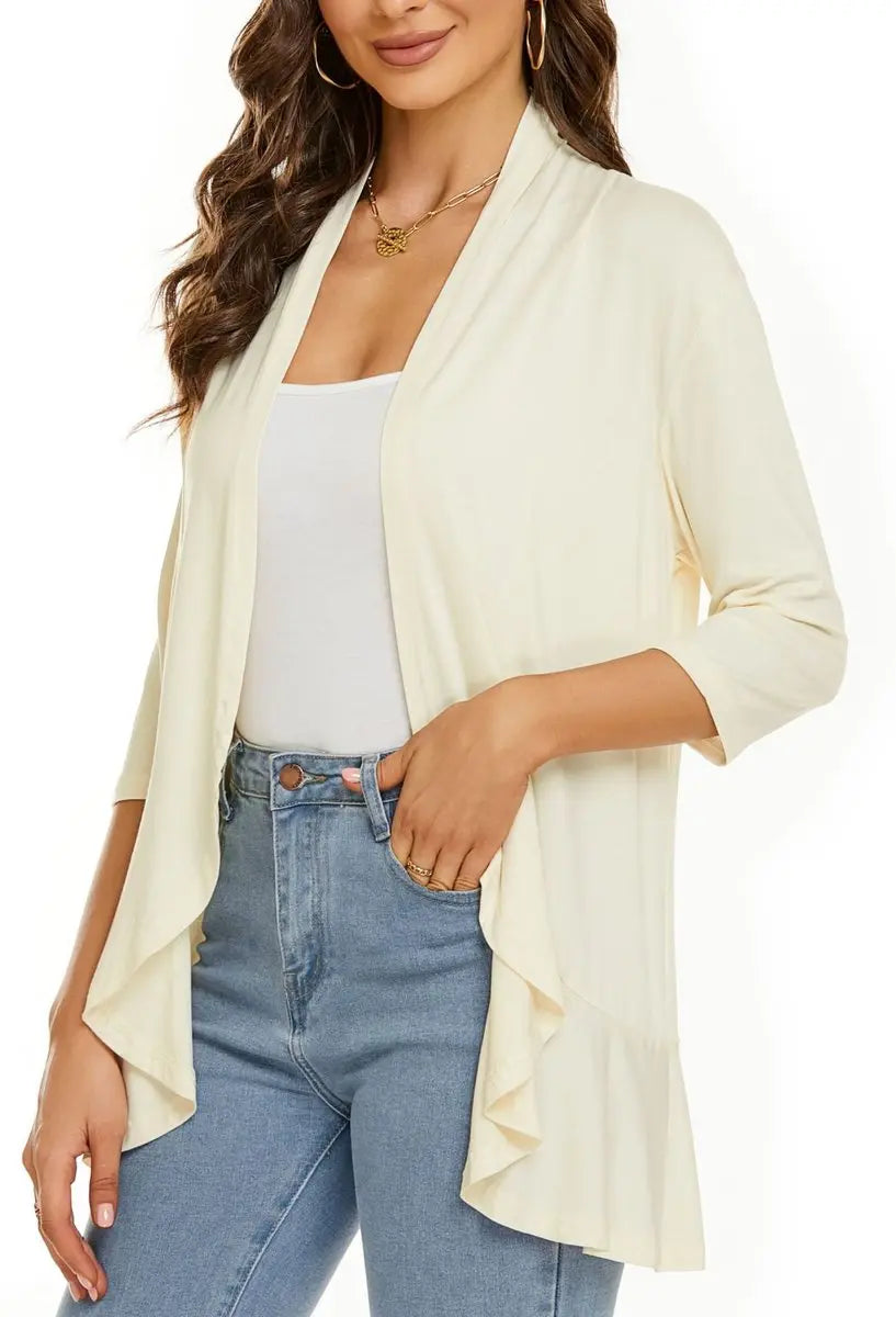 Women's Cardigan Lightweight Open Front 3/4 Sleeve Draped Cardigan - White-Beige