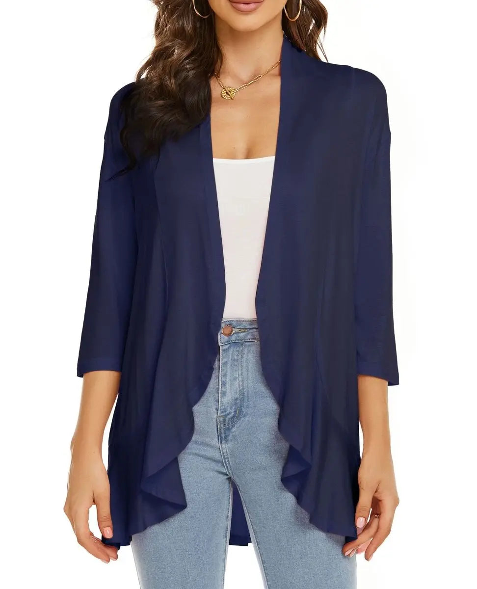 Women's Cardigan Lightweight Open Front 3/4 Sleeve Draped Cardigan - Navy