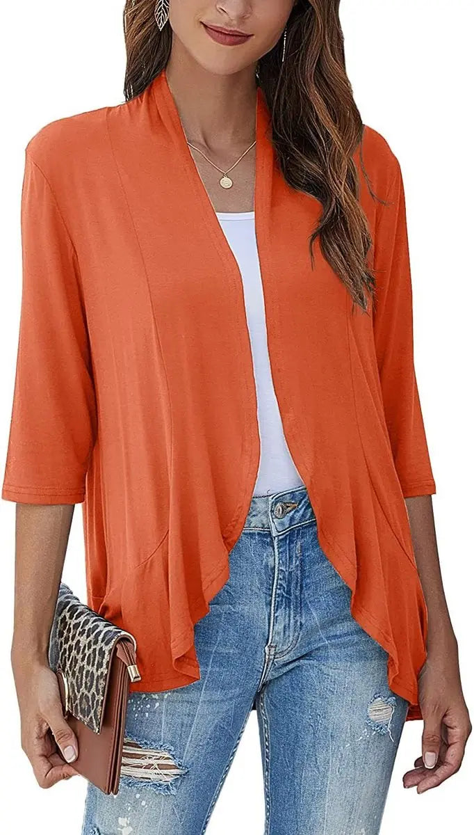 Women's Cardigan Lightweight Open Front 3/4 Sleeve Draped Cardigan - Orange Red