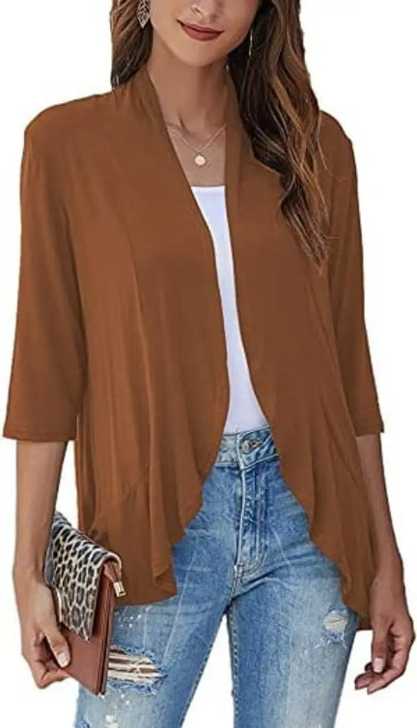 Women's Cardigan Lightweight Open Front 3/4 Sleeve Draped Cardigan - Brown