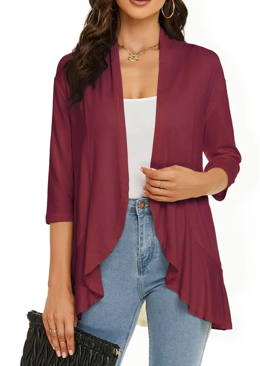Women's Cardigan Lightweight Open Front 3/4 Sleeve Draped Cardigan - Burgundy