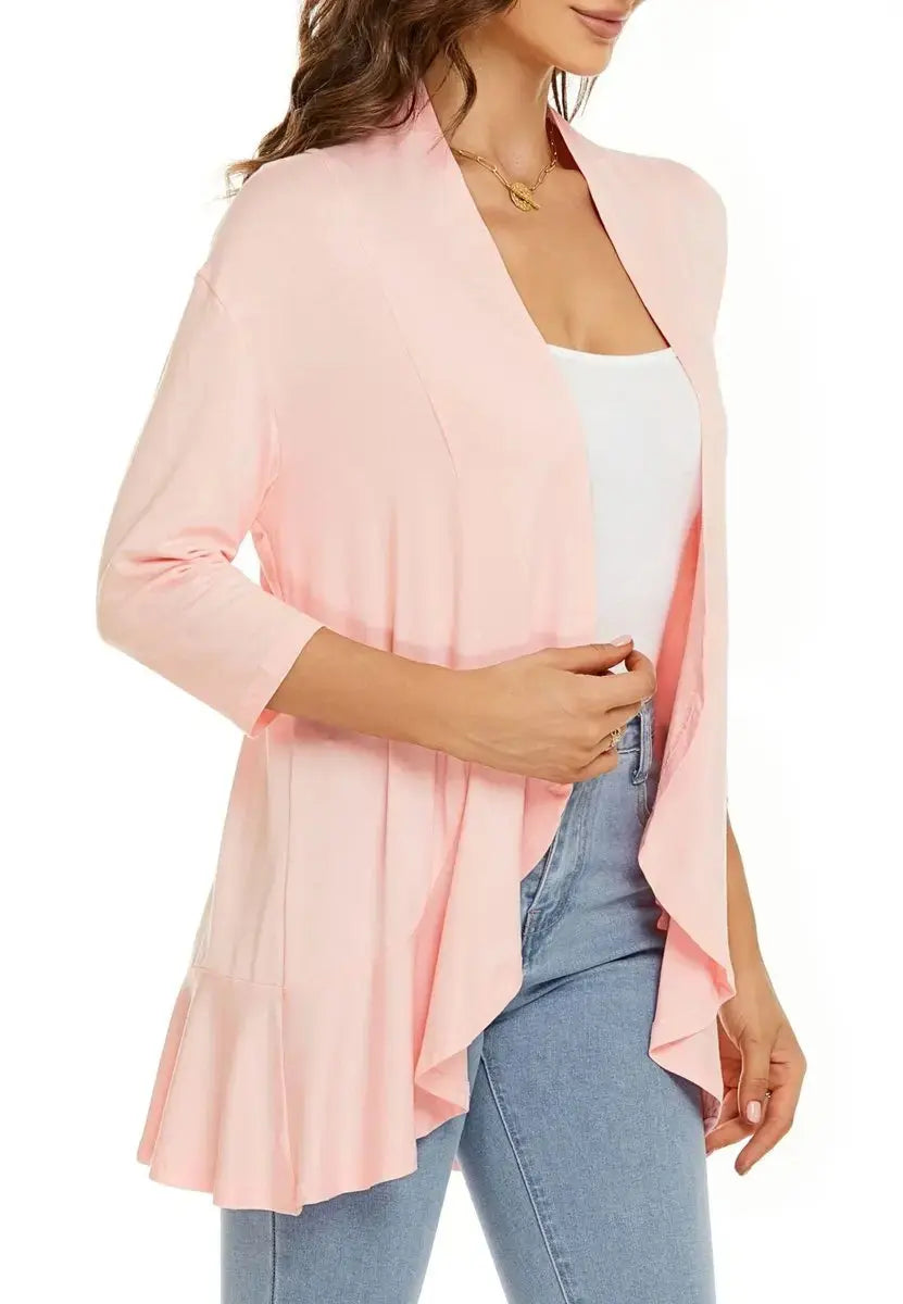 Women's Cardigan Lightweight Open Front 3/4 Sleeve Draped Cardigan - Pink