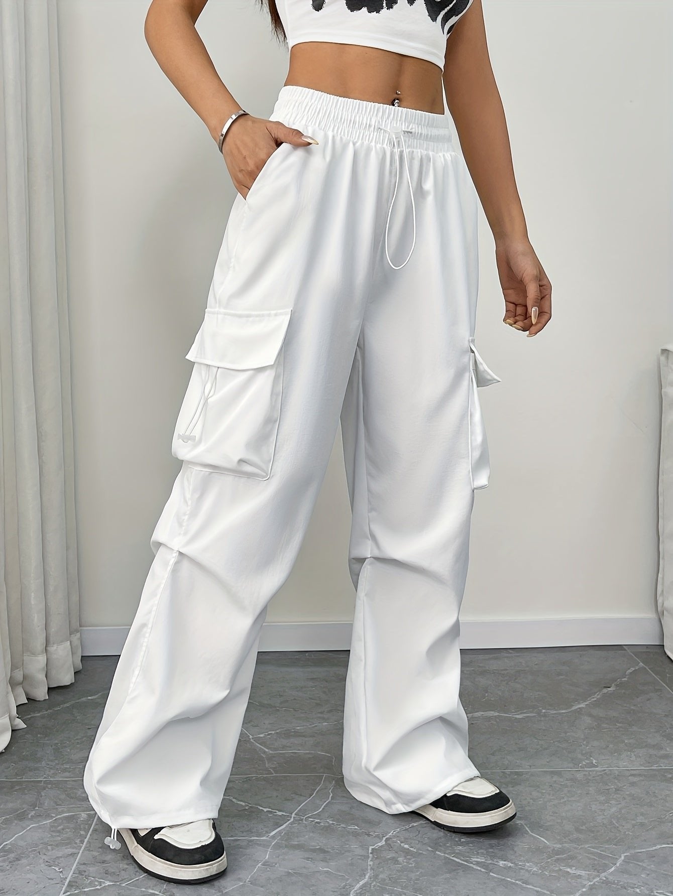 Women's Cargo Parachute Trousers Drawstring Wide Leg - White