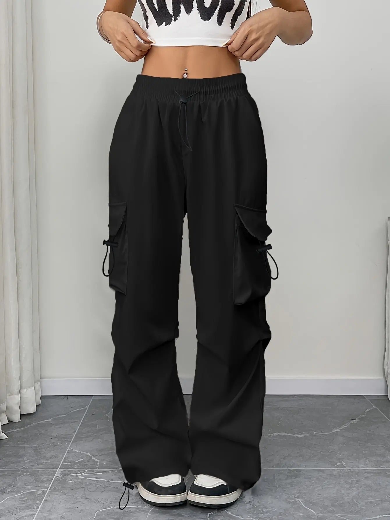 Women's Cargo Parachute Trousers Drawstring Wide Leg - Black