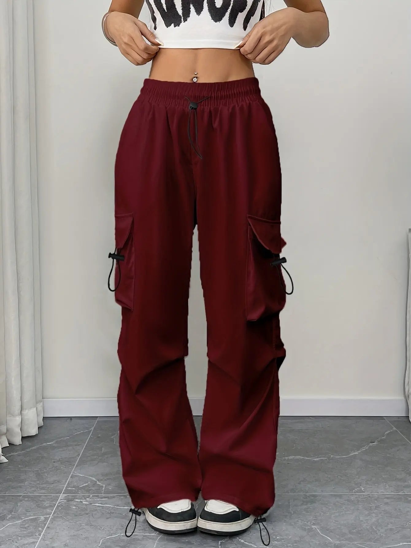 Women's Cargo Parachute Trousers Drawstring Wide Leg - Burgundy