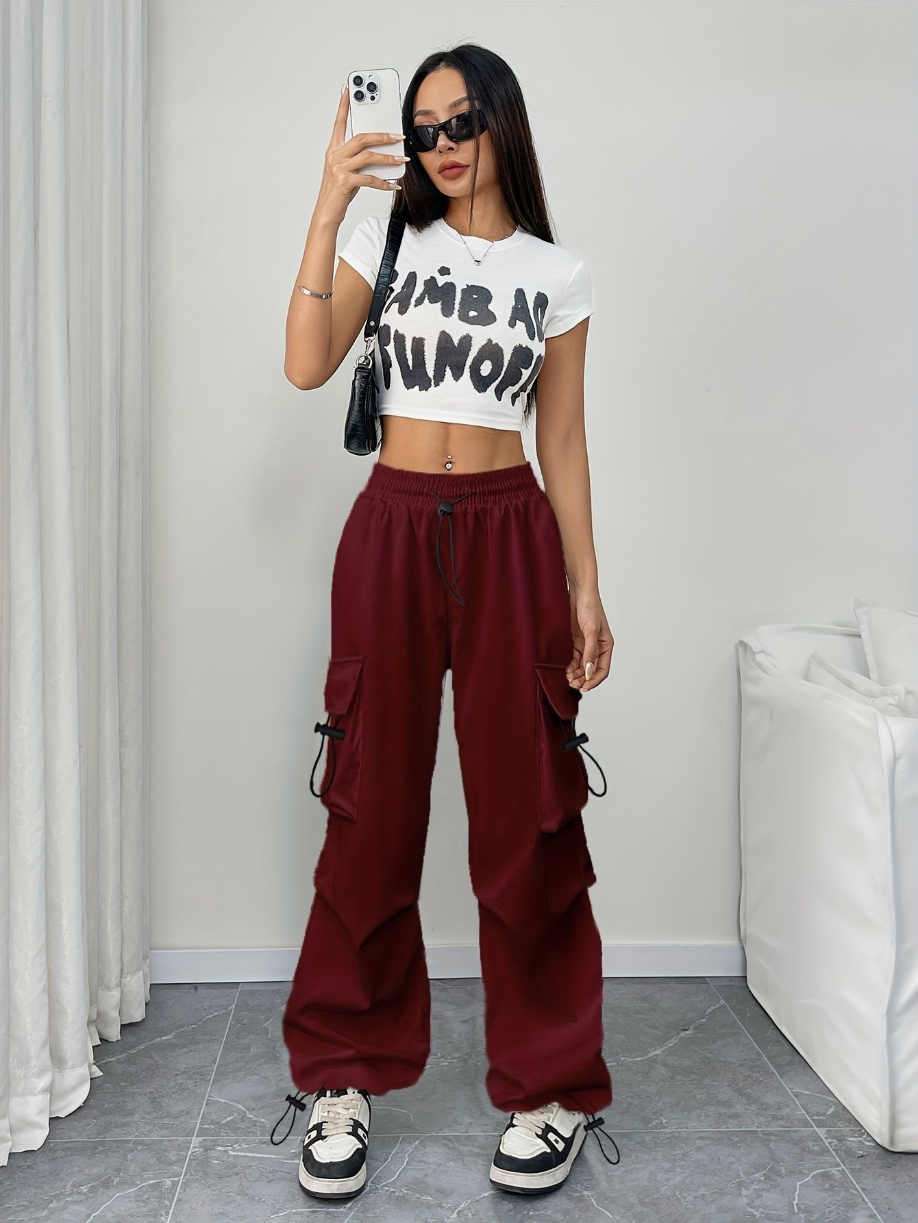 Women's Cargo Parachute Trousers Drawstring Wide Leg