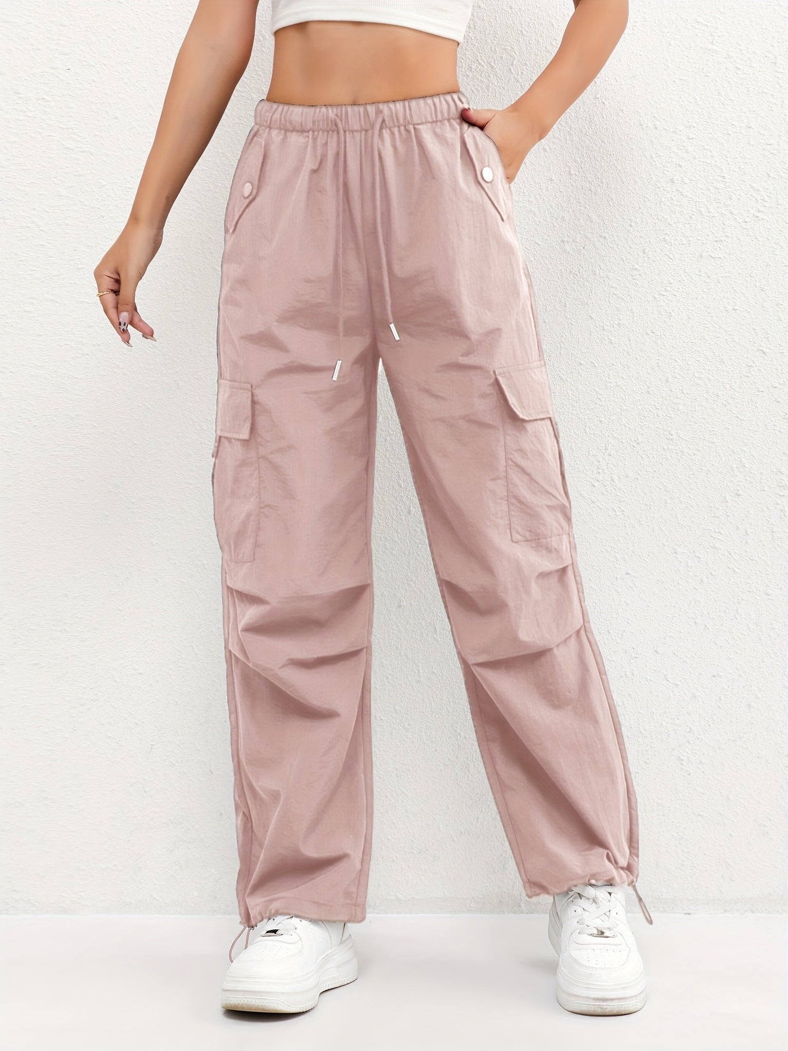 Women's Cargo Trousers Drawstring Waist Parachute Style - Pink