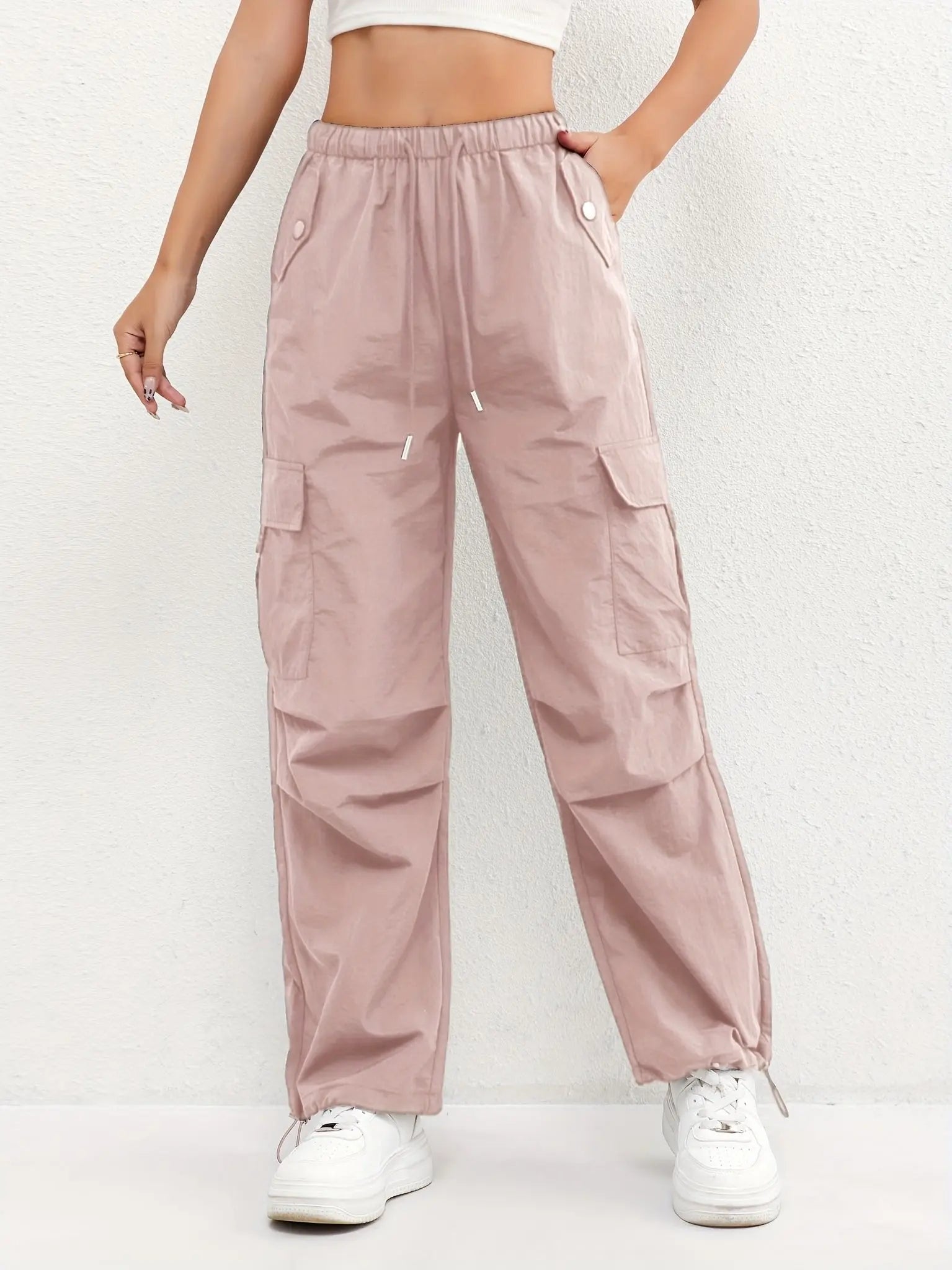 Women's Cargo Trousers Drawstring Waist Parachute Style - Pink