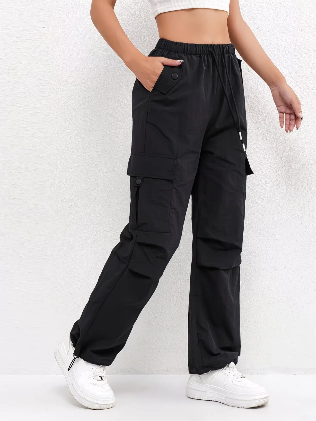 Women's Cargo Trousers Drawstring Waist Parachute Style - Black