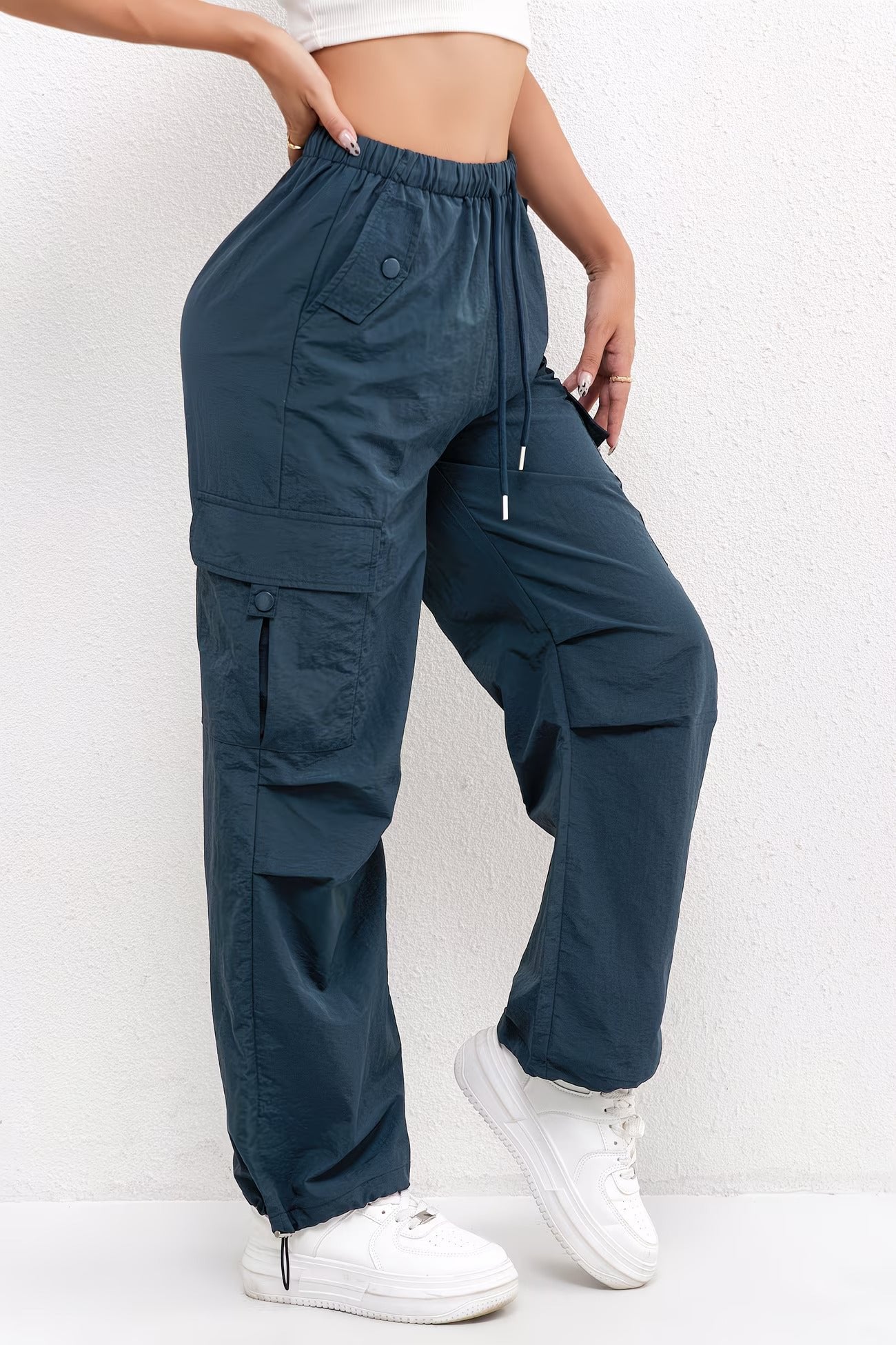 Women's Cargo Trousers Drawstring Waist Parachute Style - Blue