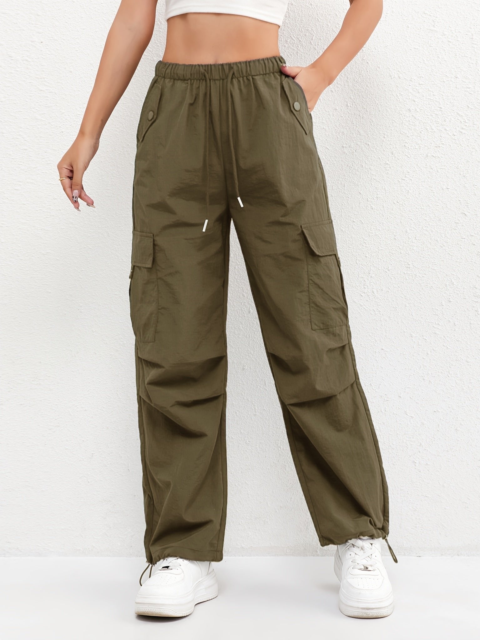 Women's Cargo Trousers Drawstring Waist Parachute Style - Green