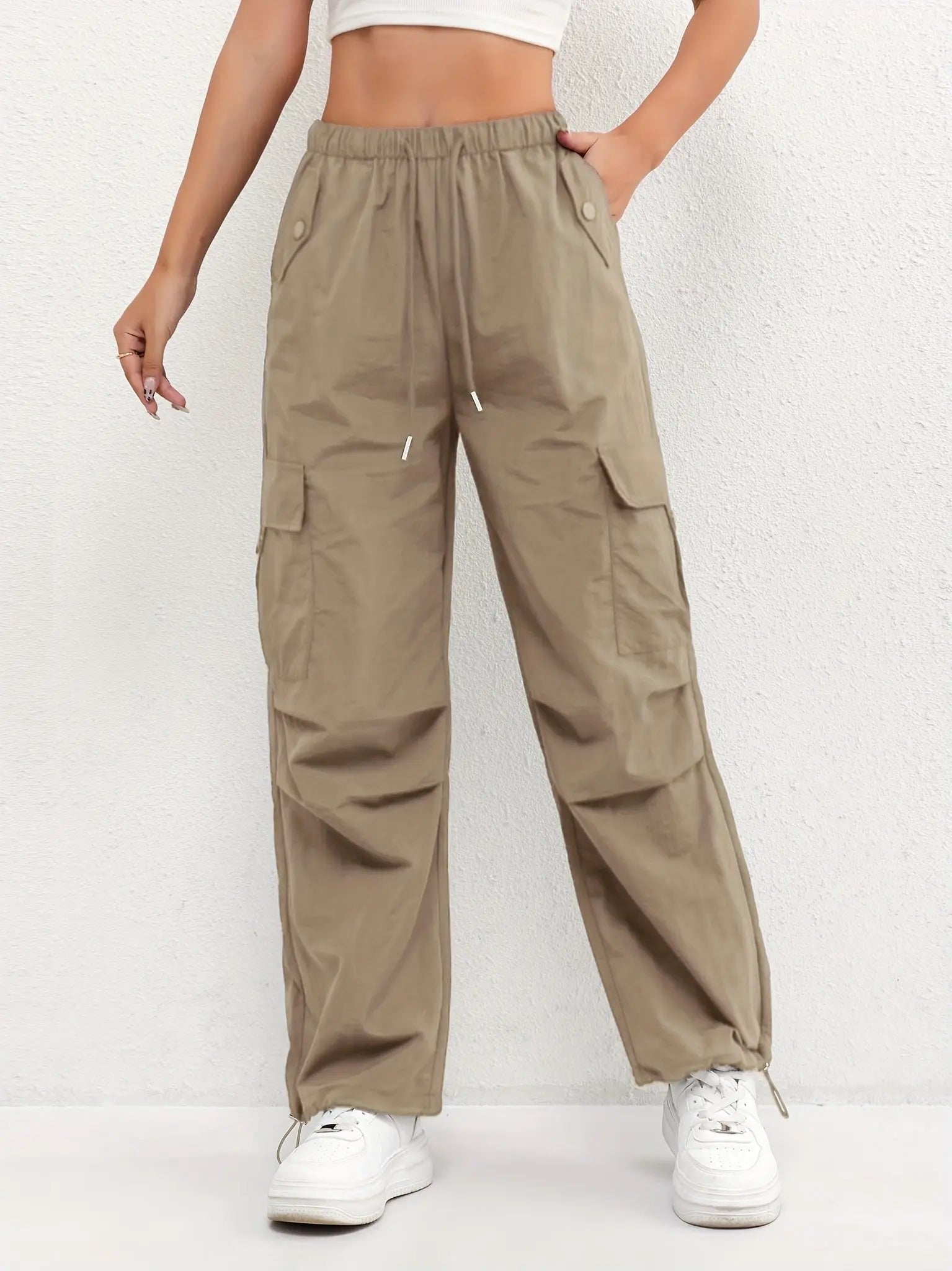 Women's Cargo Trousers Drawstring Waist Parachute Style - Brown