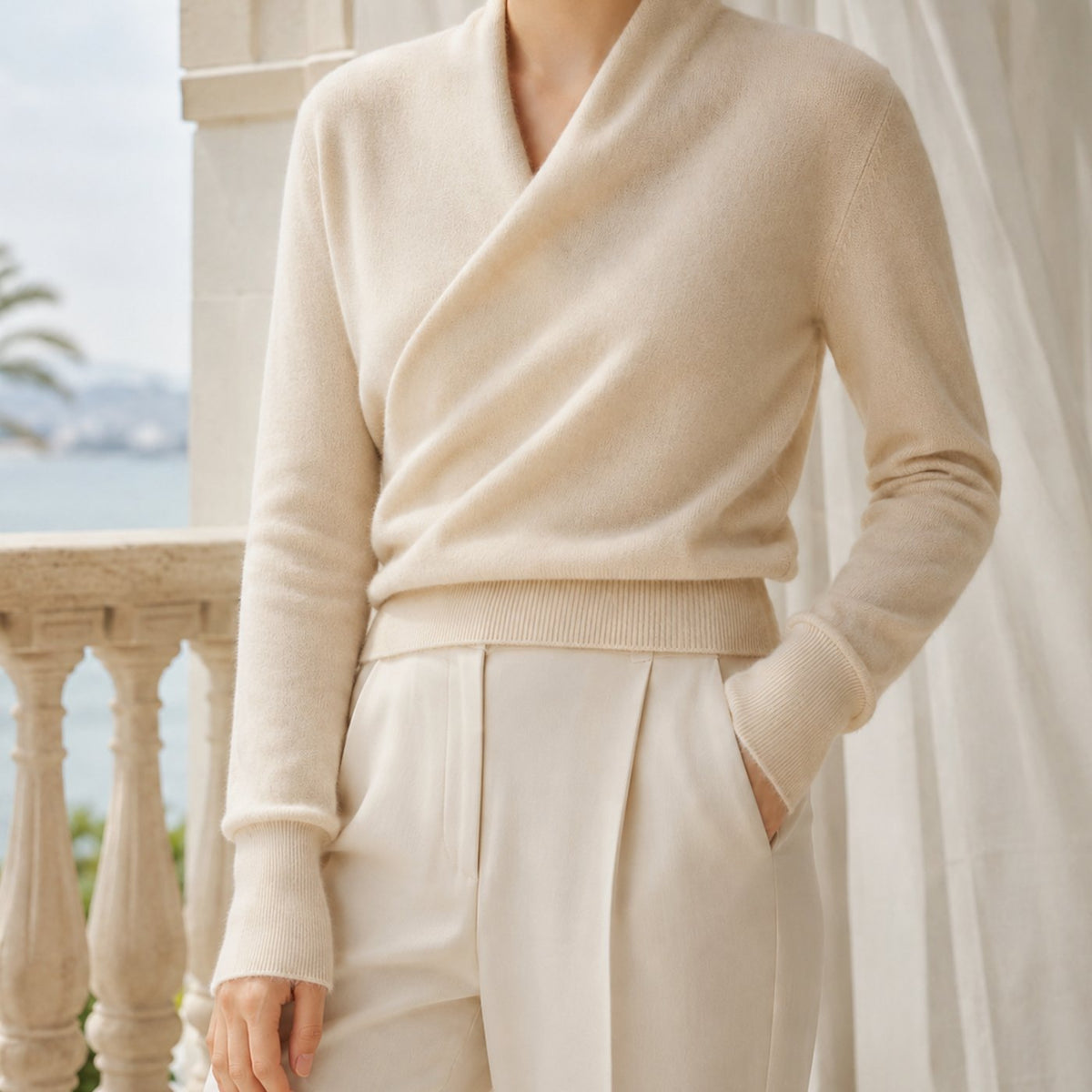 Women's Cashmere Blend Crossover Shawl-Neck Knit Jumper - Beige