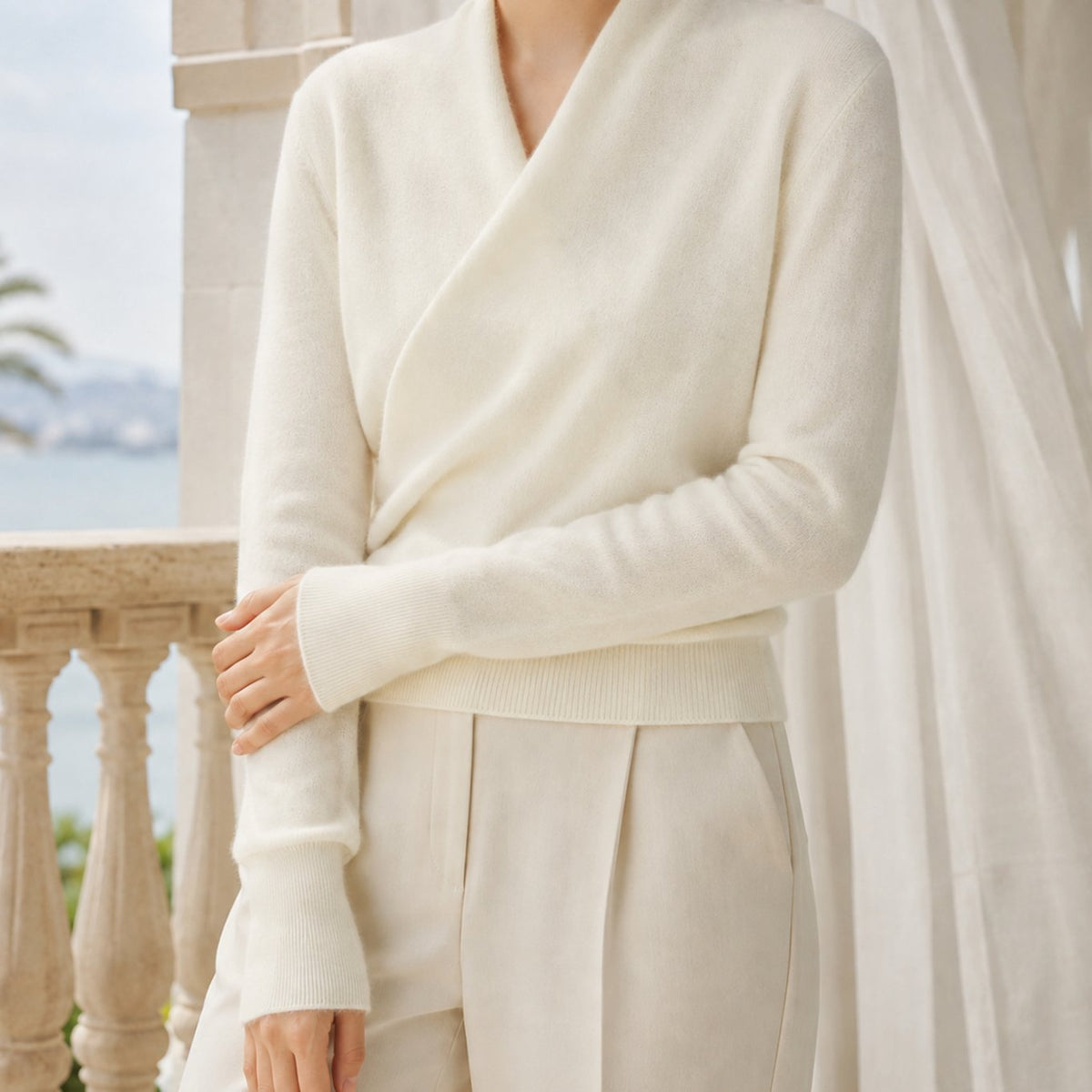 Women's Cashmere Blend Crossover Shawl-Neck Knit Jumper - Ivory