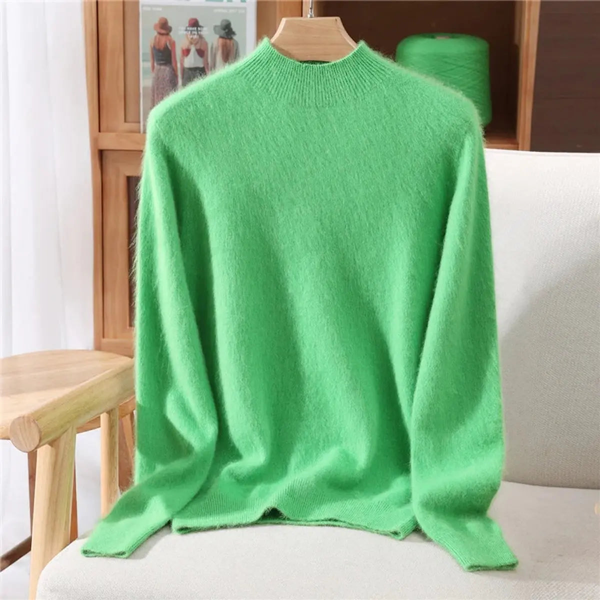 Womens Cashmere Soft Knit Relaxed Mock-Neck Jumper - Green