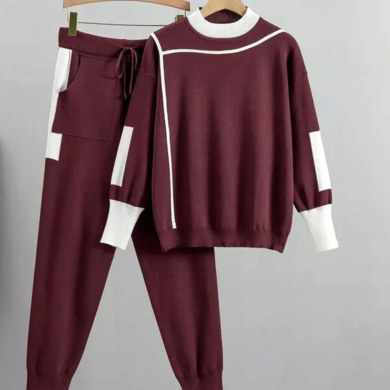 Women's Casual Knit Jogger Pants Set Contrast Trim Two-Piece - Red