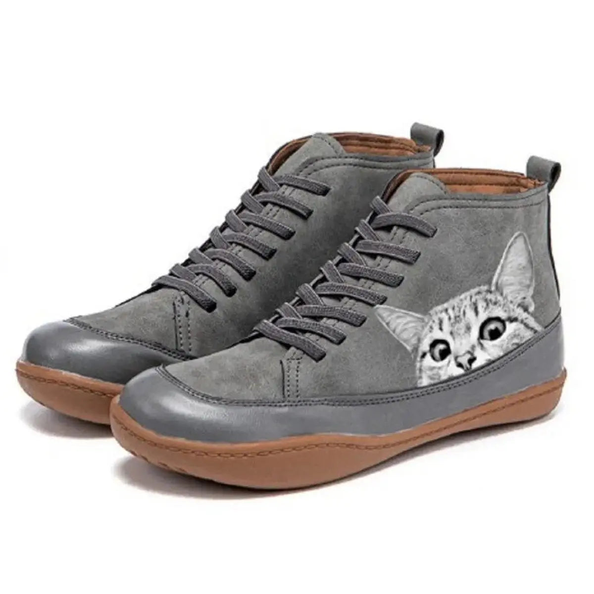 Women's Cat Print Lace-Up Leather High-Top Ankle Boots - Grey