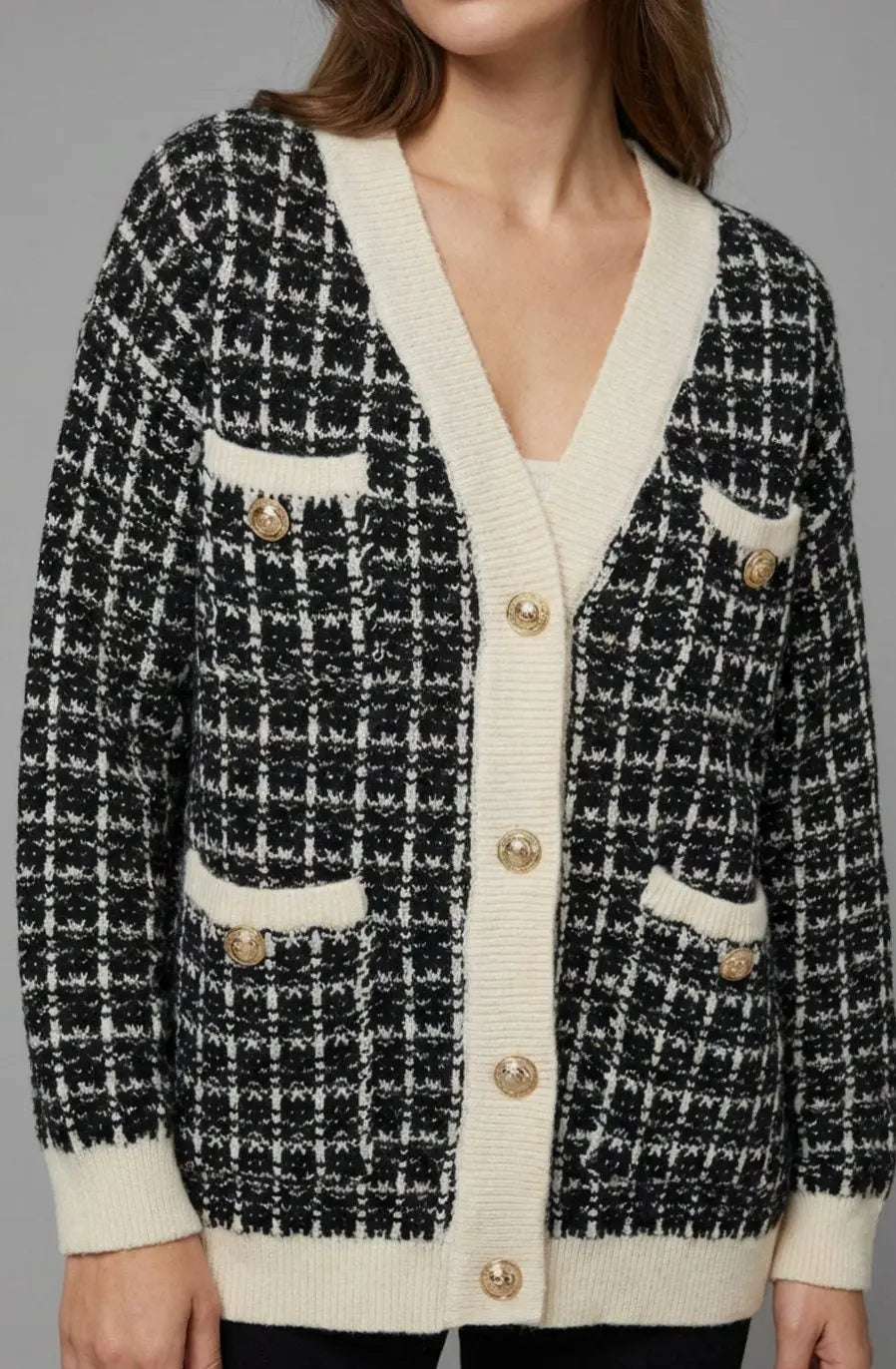 Women's Checked Tweed-Style V-Neck Knit Sweater Cardigan - White
