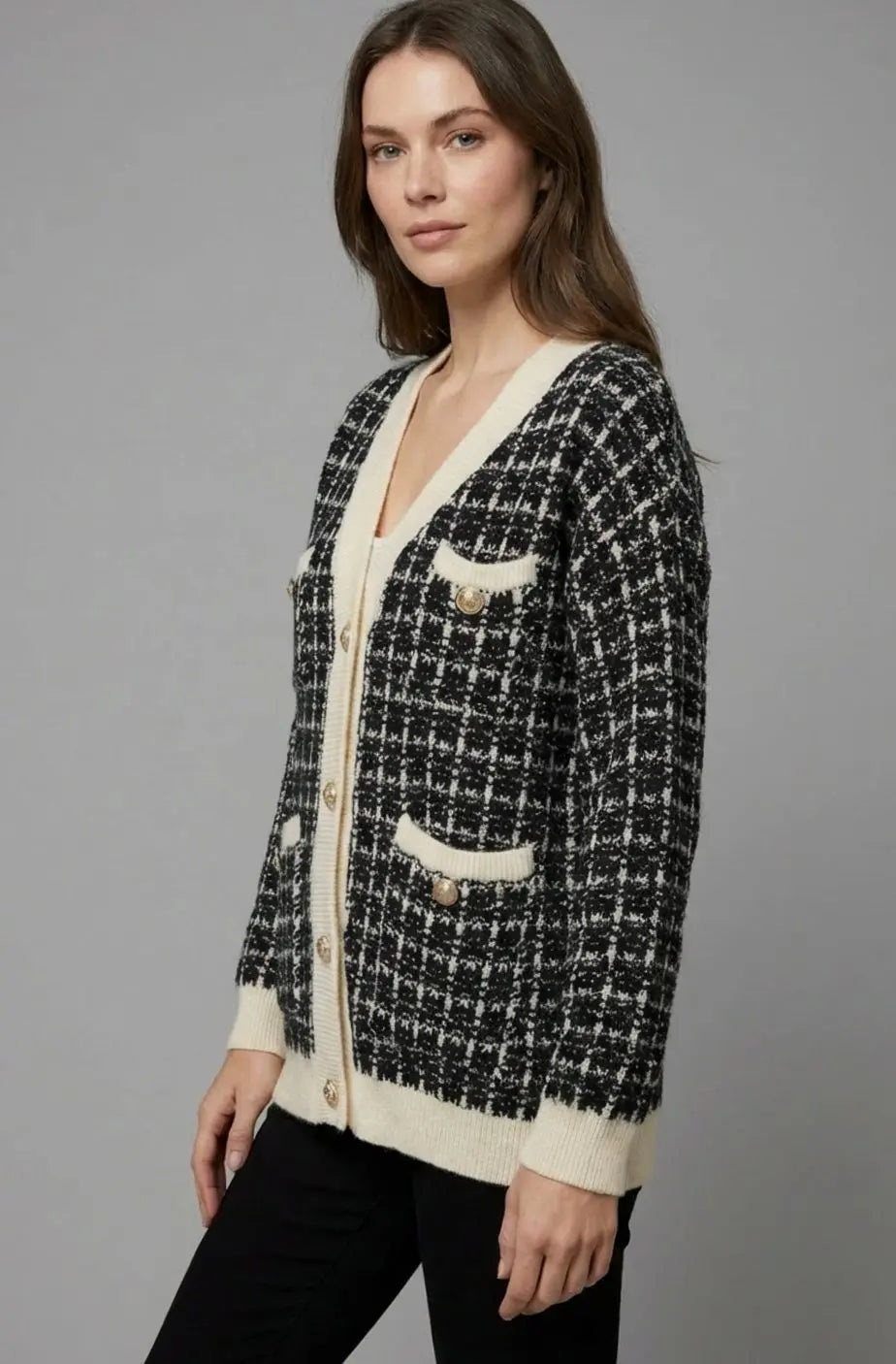 Women's Checked Tweed-Style V-Neck Knit Sweater Cardigan