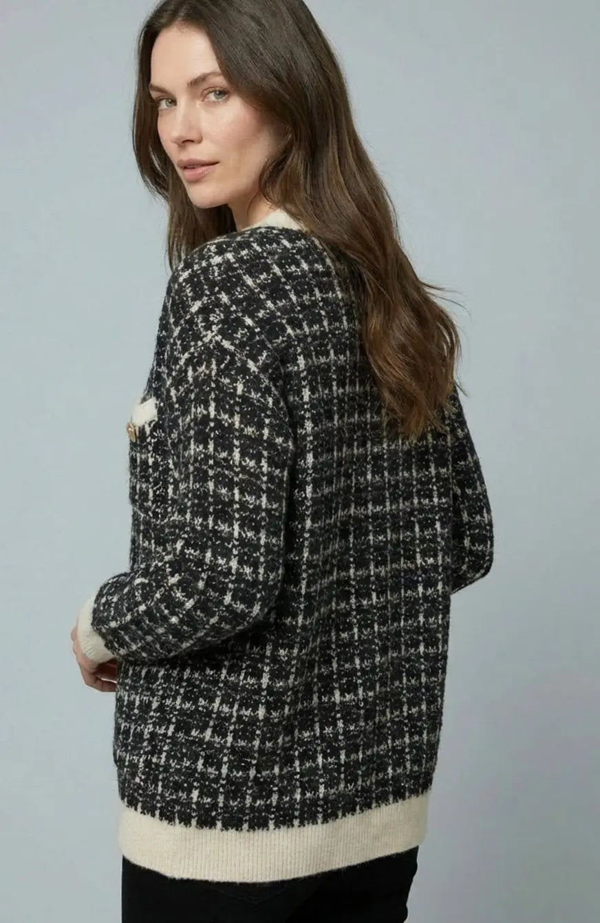 Women's Checked Tweed-Style V-Neck Knit Sweater Cardigan