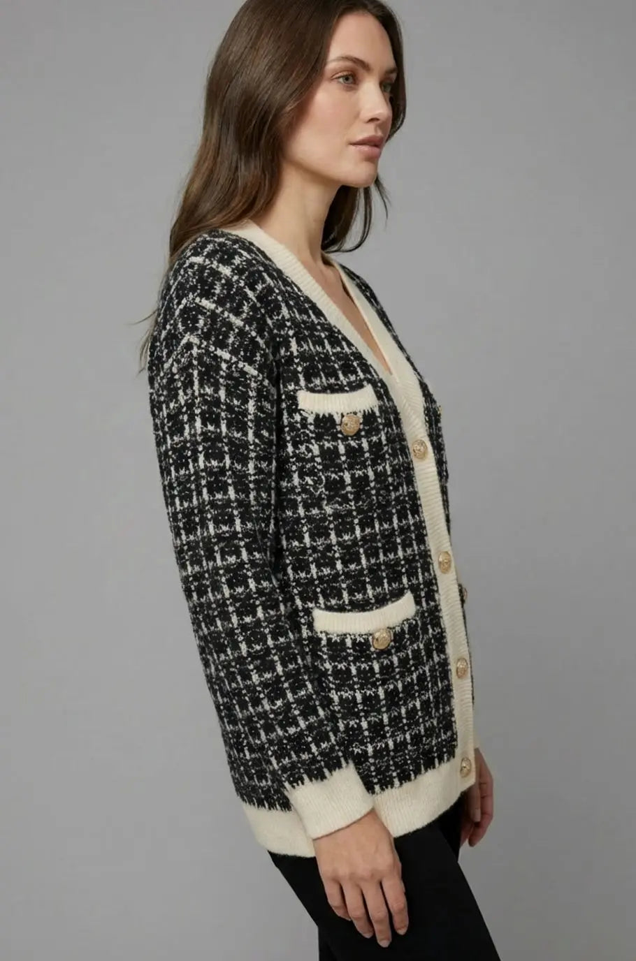 Women's Checked Tweed-Style V-Neck Knit Sweater Cardigan