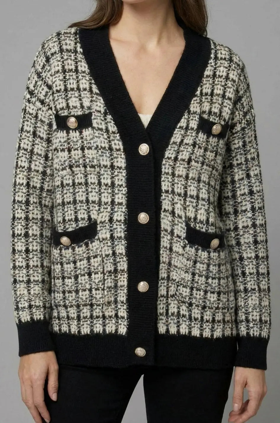 Women's Checked Tweed-Style V-Neck Knit Sweater Cardigan - Black
