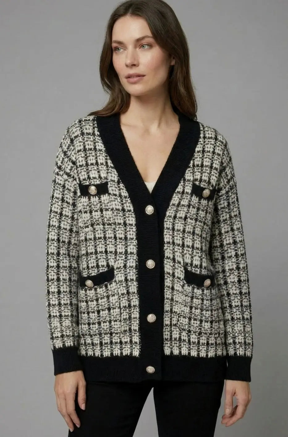 Women's Checked Tweed-Style V-Neck Knit Sweater Cardigan