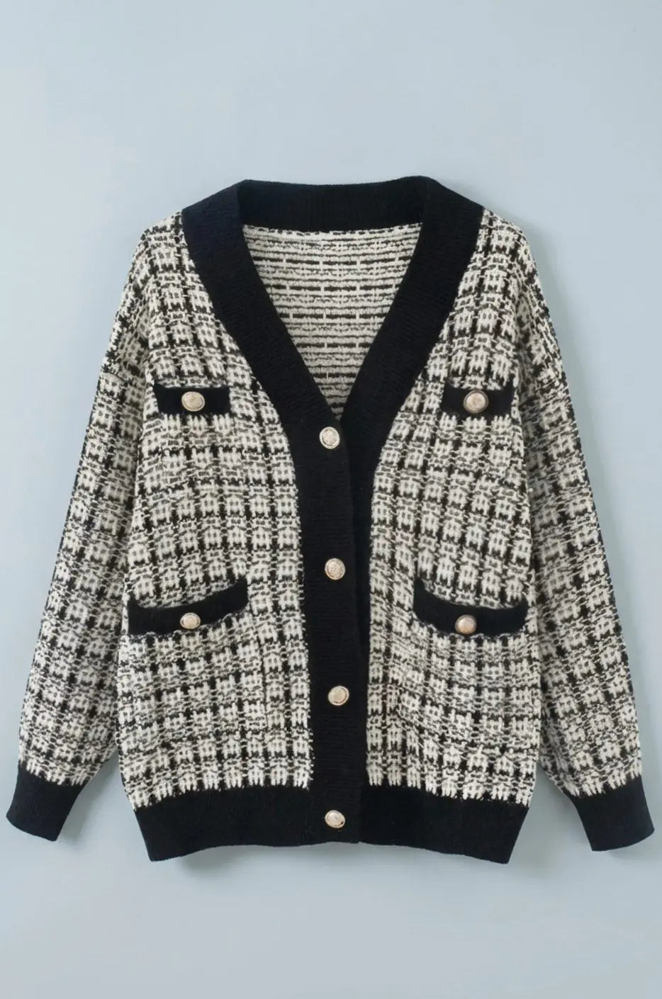 Women's Checked Tweed-Style V-Neck Knit Sweater Cardigan