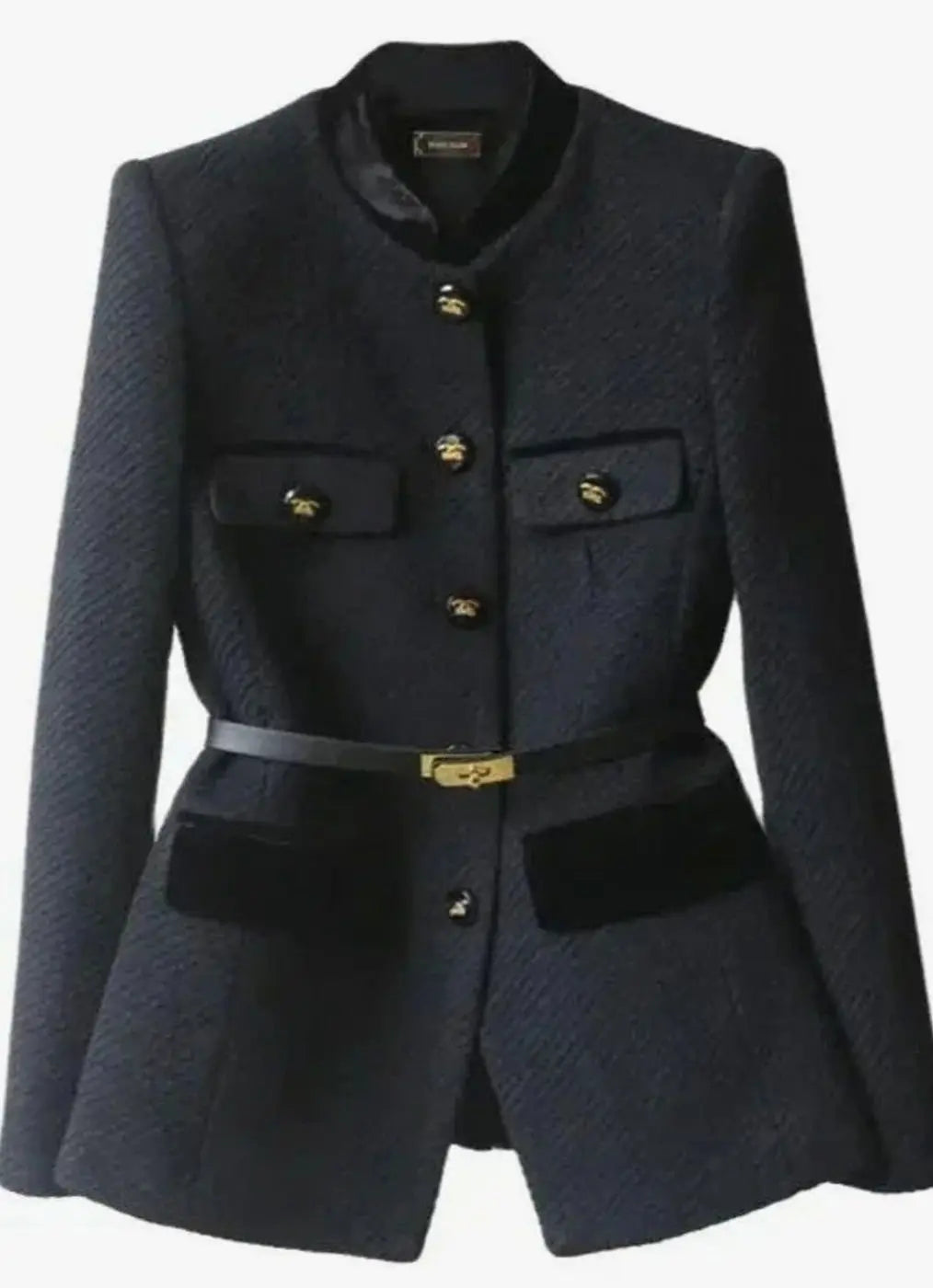 Women's Chic Belted Tweed Military-Button Coat - Black