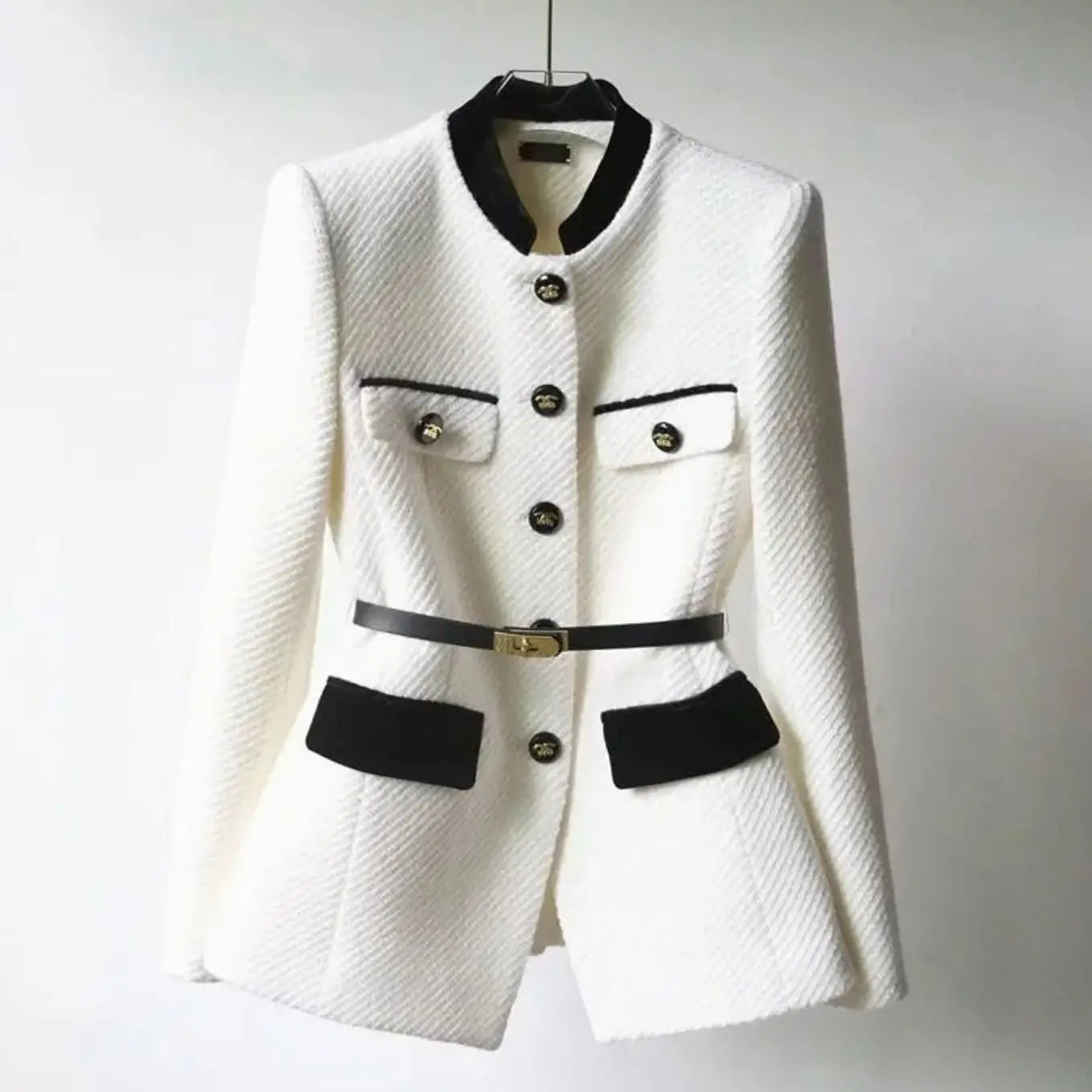 Women's Chic Belted Tweed Military-Button Coat - White