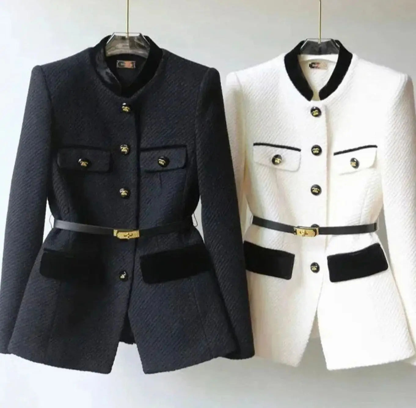 Women's Chic Belted Tweed Military-Button Coat