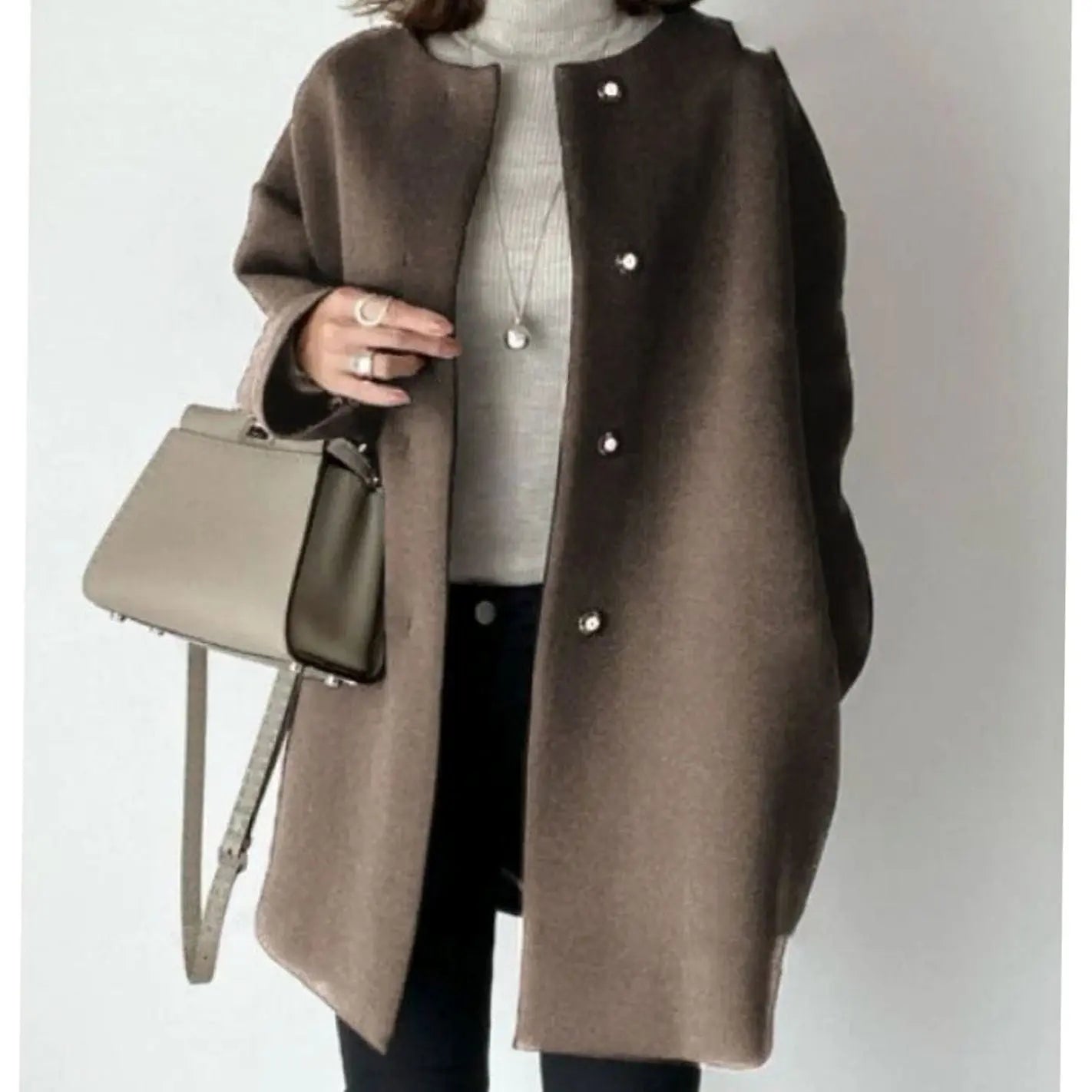 Women's Chic Collarless Button-Front Longline Coat - Brown
