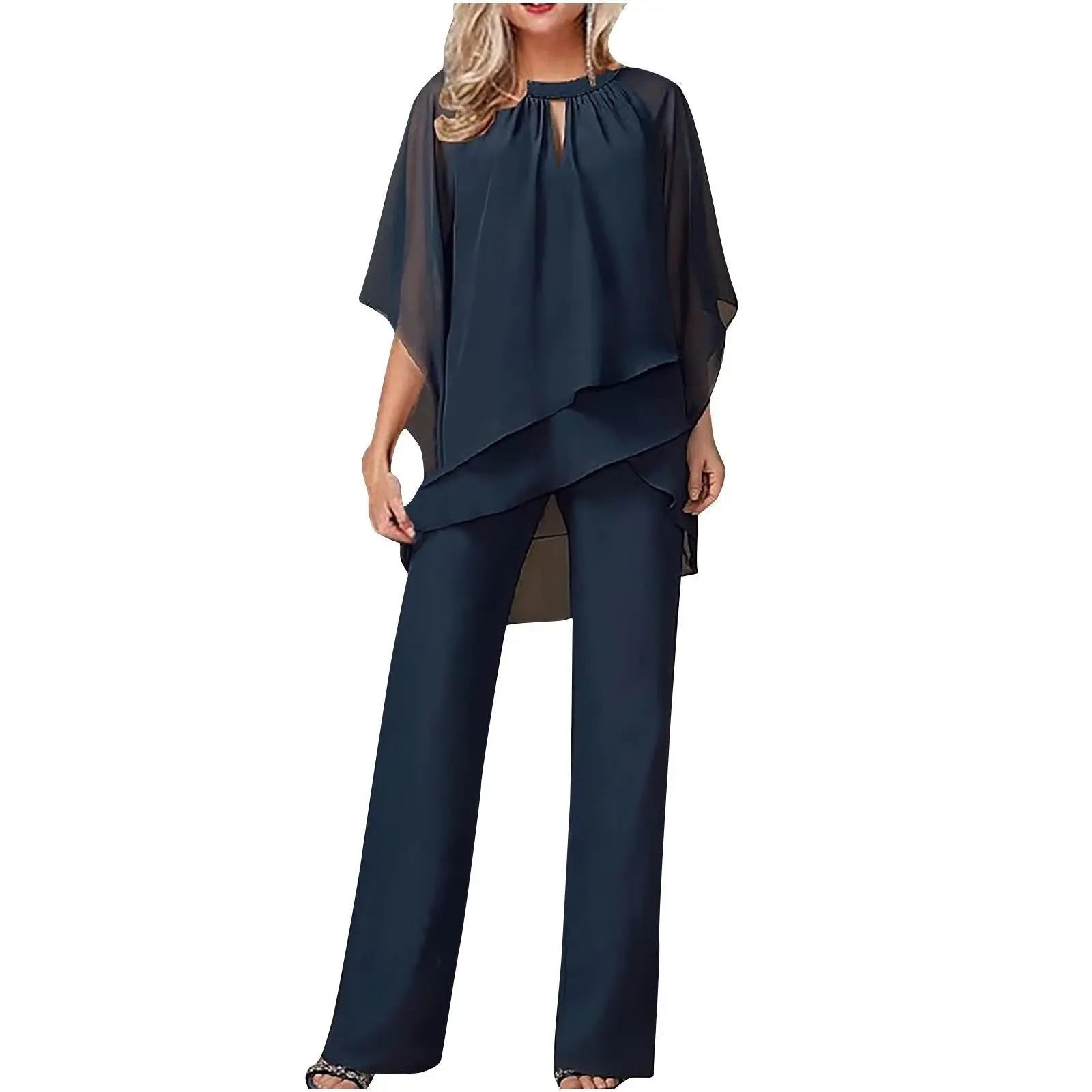 Women's Chiffon Overlay Cargo Trouser Set Batwing Sleeves - Navy Blue