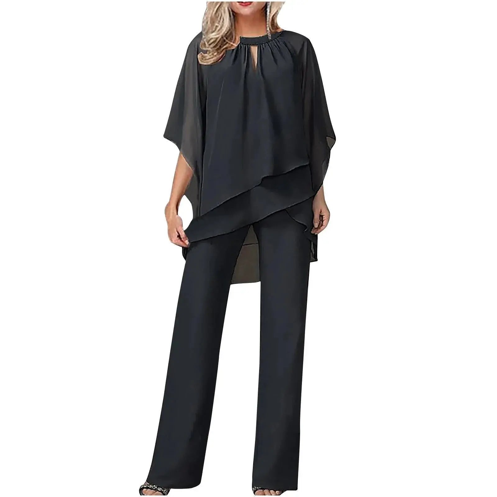Women's Chiffon Overlay Cargo Trouser Set Batwing Sleeves - Black