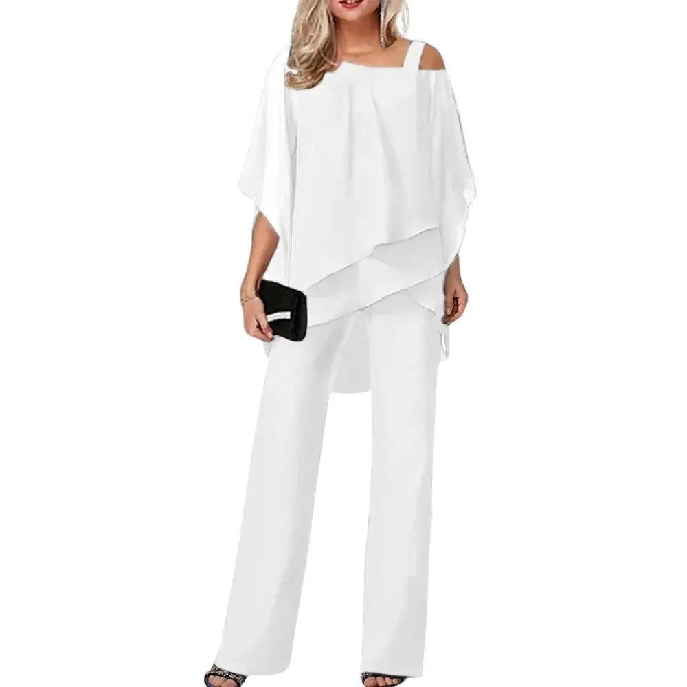 Women's Chiffon Overlay Cargo Trouser Set Batwing Sleeves - White