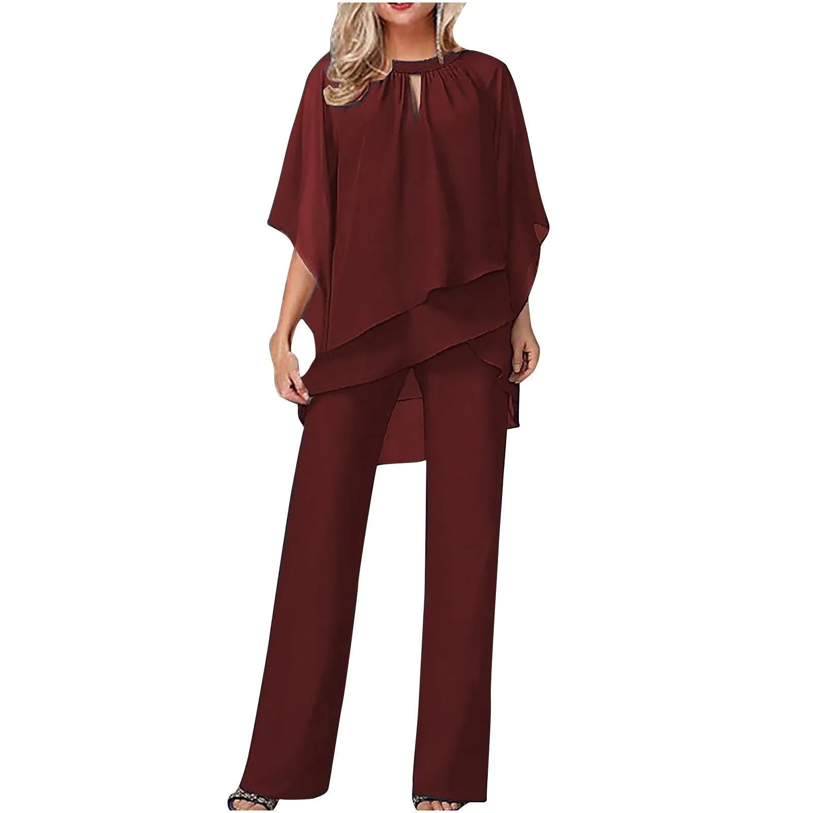 Women's Chiffon Overlay Cargo Trouser Set Batwing Sleeves - Burgundy