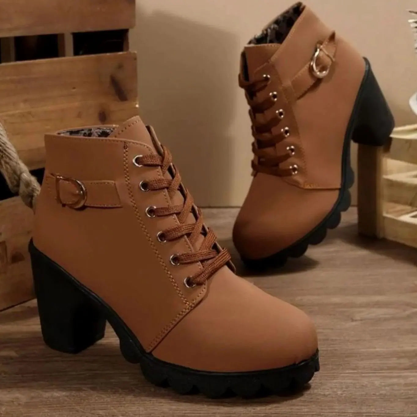 Women's Chunky-Heel Lace-Up Ankle Boots Metal Buckle - Brown