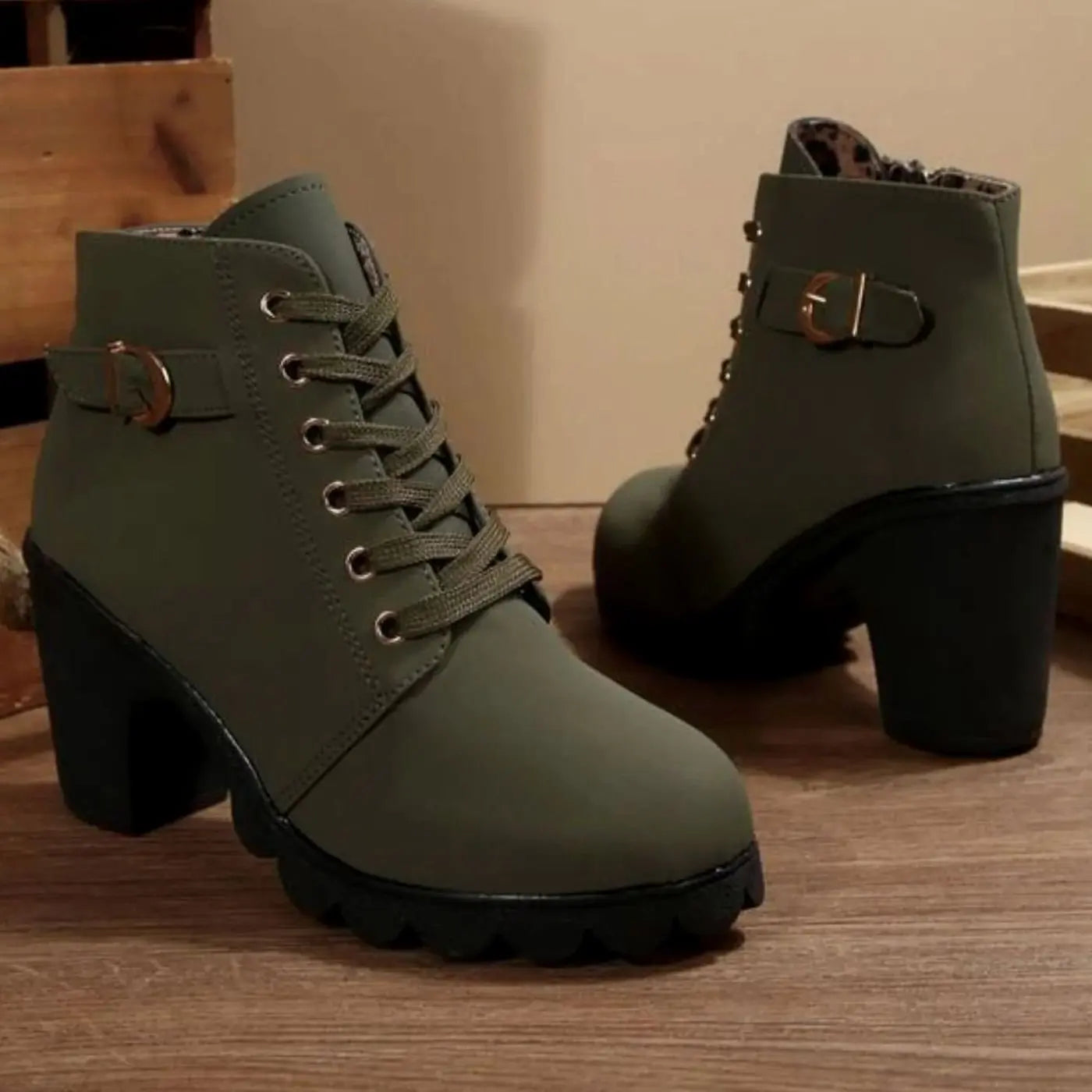 Women's Chunky-Heel Lace-Up Ankle Boots Metal Buckle - Olive Green