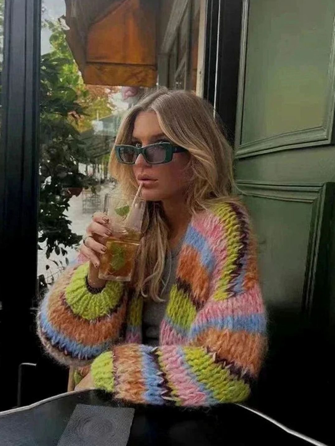 Women's Chunky Multi Coloured Knit Striped Cardigan