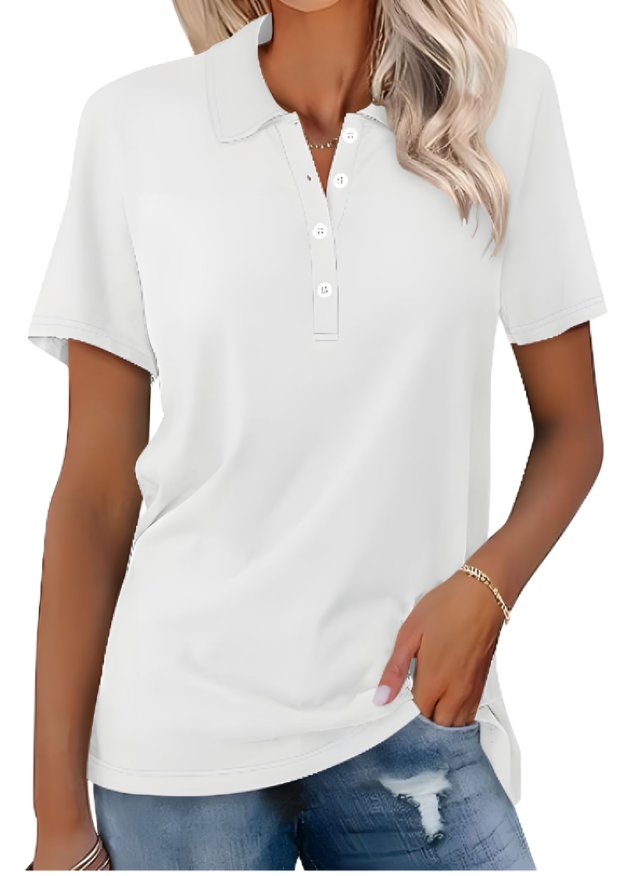 Women's Classic Short Sleeve Polo Shirt Button Placket - White