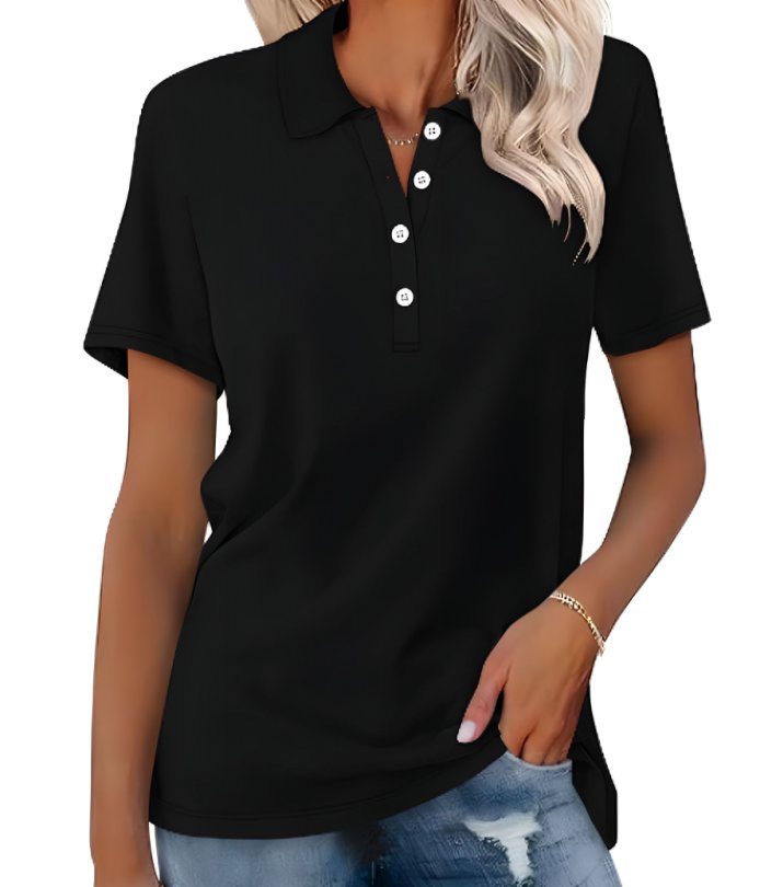 Women's Classic Short Sleeve Polo Shirt Button Placket - Black