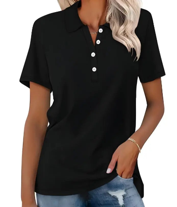 Women's Classic Short Sleeve Polo Shirt Button Placket - Black