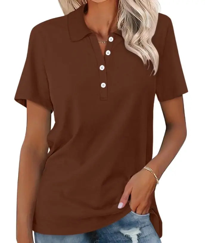 Women's Classic Short Sleeve Polo Shirt Button Placket - Brown