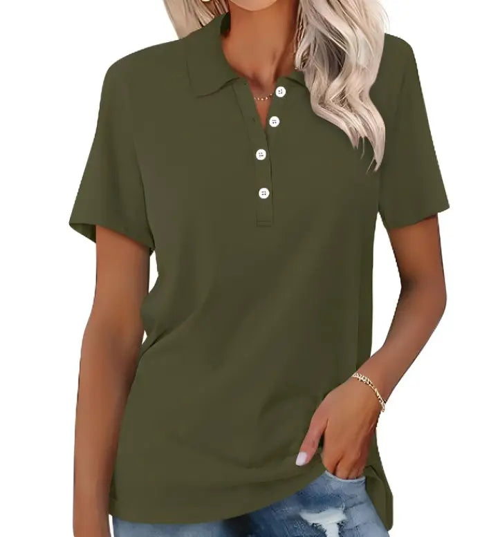 Women's Classic Short Sleeve Polo Shirt Button Placket - Dark Green