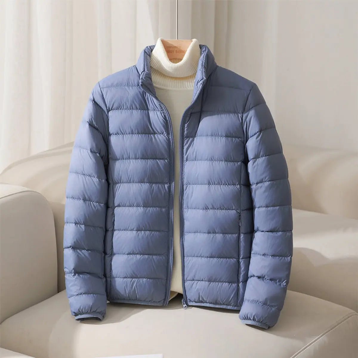 Women's Coat Lightweight Quilted Puffer Jacket Stand Collar - Blue