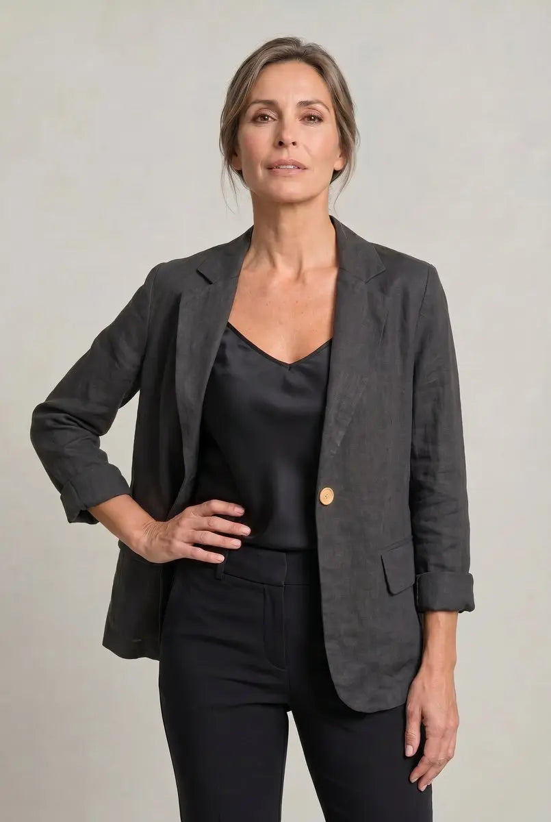 Women's Coat Lightweight Single-Button Relaxed Blazer Jacket - Black