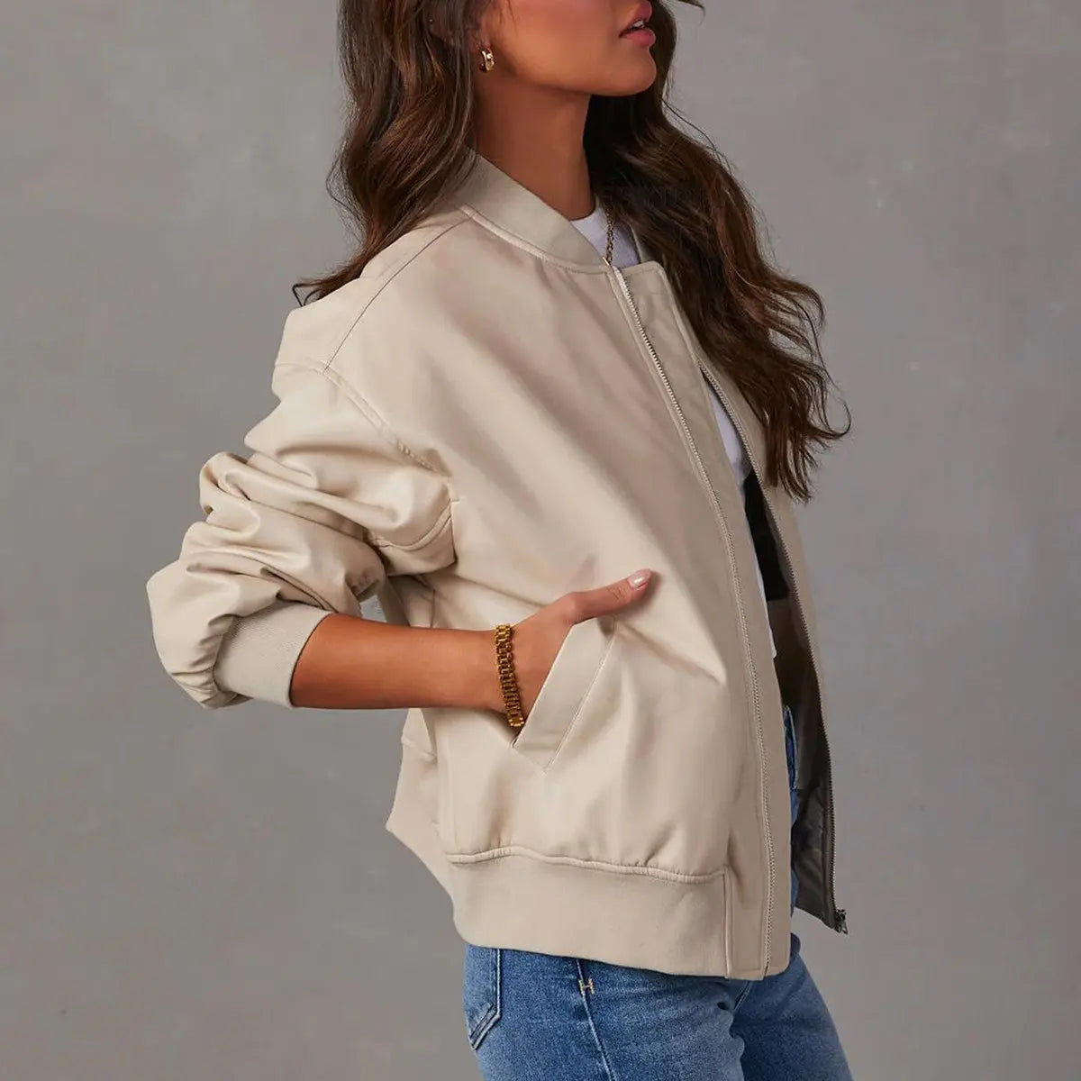 Women's Coat Relaxed Bomber Faux Leather Zip-Up Jacket