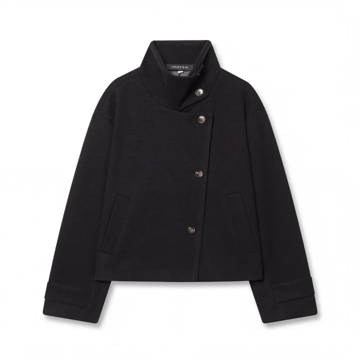 Women's Coat Wool Asymmetric Button Stand Collar Jacket - Black