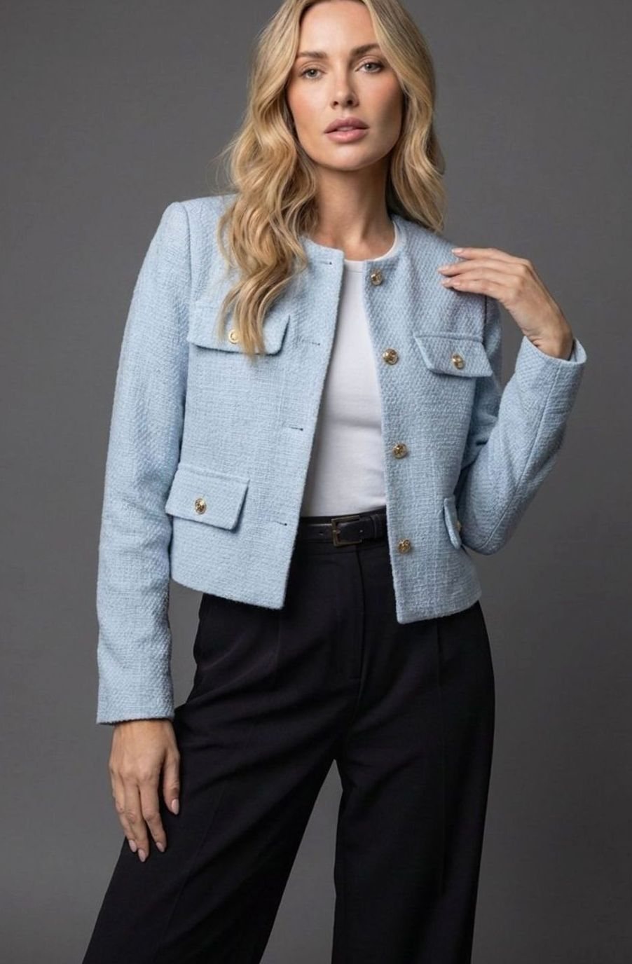 Women's Collarless Cropped Tweed Blazer Gold Button Flap Pocket - Light Blue